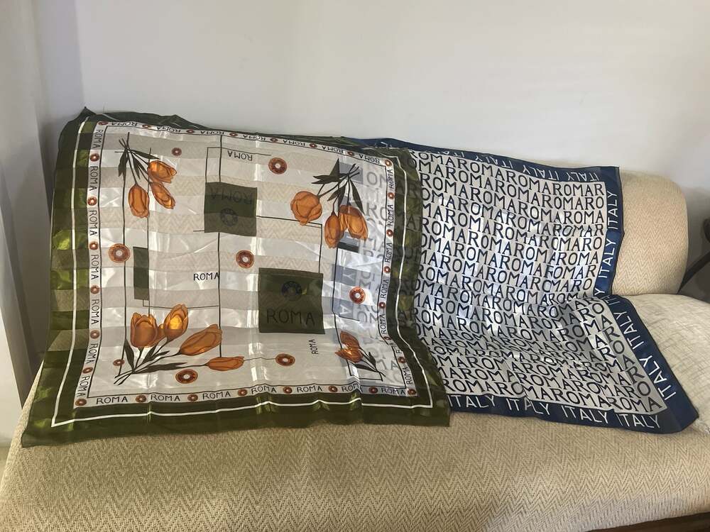 Vintage Roma Italian Souvenir Silk Scarf Set - Tulip Floral and blue  2 PC